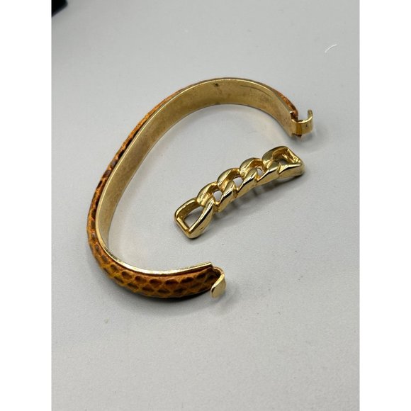 Vtg 80s 90s Snakeskin Bracelet Hinged Bangle Tan Color with Gold Plated Chain - Picture 7 of 8